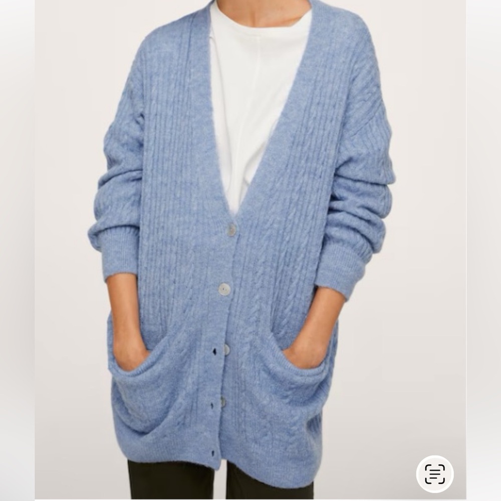 Mango Cable -Knit  Light Blue Loose Wool Blend Cardigan